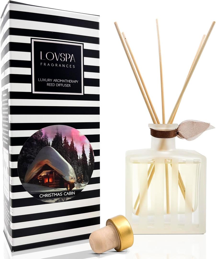 LOVSPA Reed Diffuser Set, Christmas Cabin Scented Oil Diffuser with Sticks, Home Fragrance Accessories for Bathroom Shelf Decor, Aroma Diffusers for Home or Office Desk, USA Made (Modern Stripe/4.5 oz)
