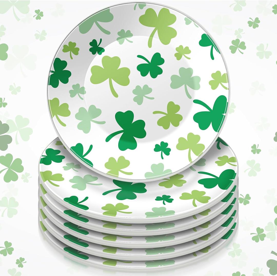 SiliFine 6 Pcs 6 Inch St. Patrick's Day Ceramic Decorative Plate Irish Shamrock Tableware Plate Leaf Clover Display Dish for St. Patrick's Celebration, Dinner Party, Wedding(White), approx. 6 inches
