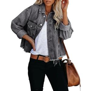 LONGBIDA Women's Jean Jacket Frayed Washed Button Up Cropped Denim Jacket With Pockets XL