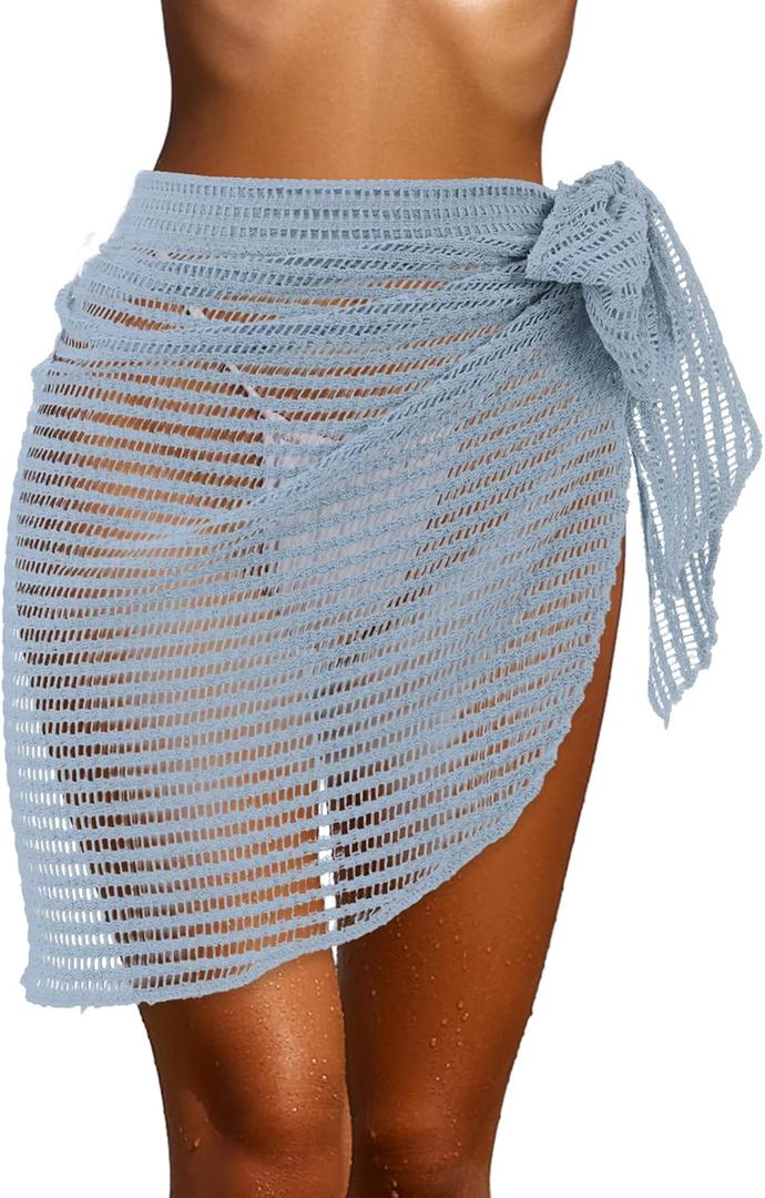 Geyoga Women Crochet Cover up Skirt Triangle Shawl Hollow Out Bikini Mermaid Skirt Bathing Suit Cover up Beach Skirt (Blue)