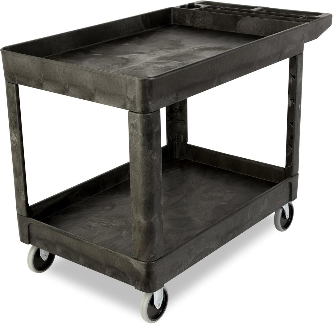 Rubbermaid Commercial Products 2-Shelf Utility/Service Cart, Medium, Black, Lipped Shelves, Ergonomic Handle, 500 lbs. Capacity, for Warehouse/Garage/Cleaning/Manufacturing
