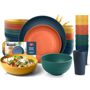 Teivio 32-Piece Kitchen Plastic Wheat Straw Dinnerware Set, Service for 8, Dinner Plates, Dessert Plate, Cereal Bowls, Pasta Bowls, Unbreakable Outdoor Camping Dishes, Autumn Multicolor