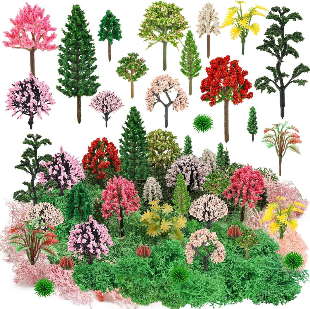 36 Pcs Mixed Model Trees with 40g Moss Pink and Green, Diorama Trees Grass Mini Fake Miniature Trees Moss for Building Model, Model Train Scenery, Natural Green Landscape, Railroad Scenery