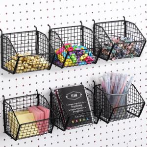 6 Pack Black Pegboard Baskets Metal Wire Shelf Baskets Peg Board Organizer Accessories Wall Mount Organizer Bins for Tool Storage Craft Room Garage Small Parts Workbench
