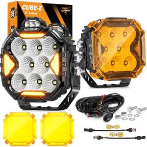 Auxbeam Cube-Z Series 4" Led Pods with Amber Covers, 112W 12800LM Flood Offroad Driving Lights with DRL Turn Signal, Cube Ditch Lights with DT Wiring Harness for Jeep Offroad ATV UTV, Pair