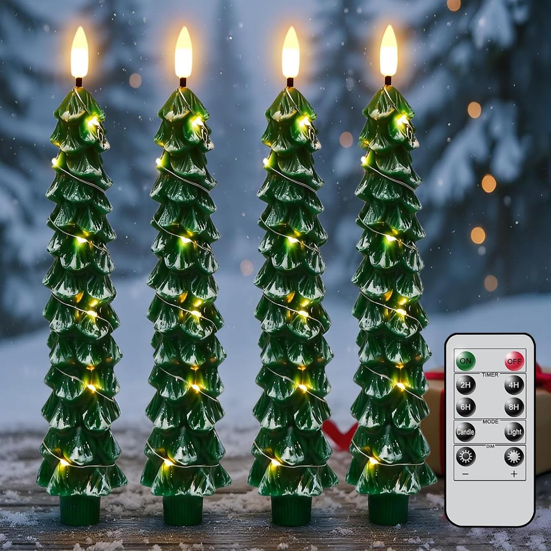 Christmas Tree Candles with Remote, Snowy Waxy Christmas Tree Flameless Taper Candles Battery Operated with String Lights, Set of 4 LED Tree Candlesticks for Xmas Winter Dcor