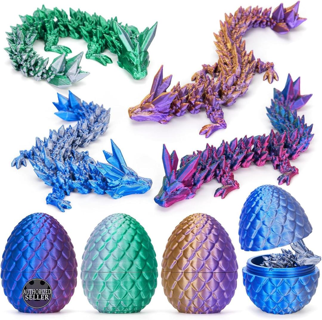 TBOLINE 4PCS 3D Printed Dragon Egg, Christmas Stocking Stuffers for Kids, Articulated Crystal Animals Fidget Toy