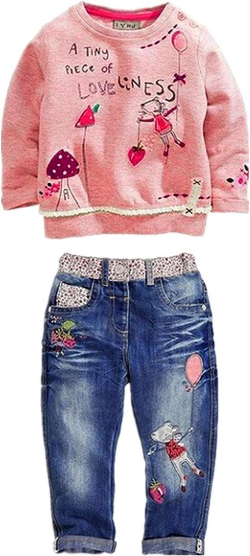 MAXIMGR Toddler Girl Clothes Baby Girl Outfits Cute Long Sleeve Cartoon Top + Jeans Pants Fall Winter Girls Clothing Sets (5T, Pink Orange)
