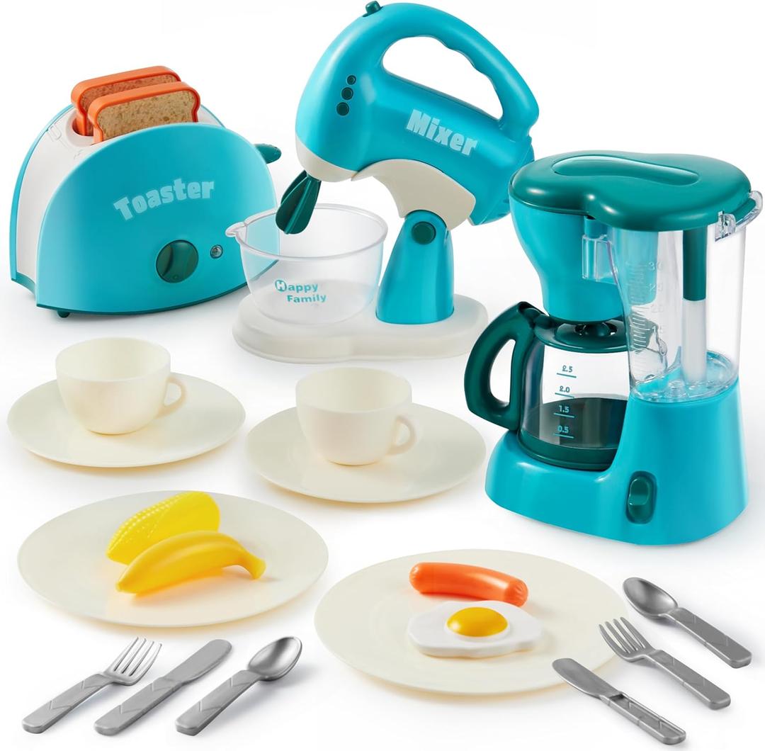 Joyin Play Kitchen Toys, Pretend Play Food Kitchen Accessories GirlsToy with Coffee Maker, Mixer, Toaster with Realistic Lights& Sounds, Birthday Gift for Kids Ages 2 3 4 5, Blue