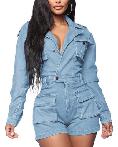 SheKiss Denim Romper for Women 2026 Long Sleeves Cute Jean Jumpers Outfits Blue Button Jumpsuit Shorts No Size