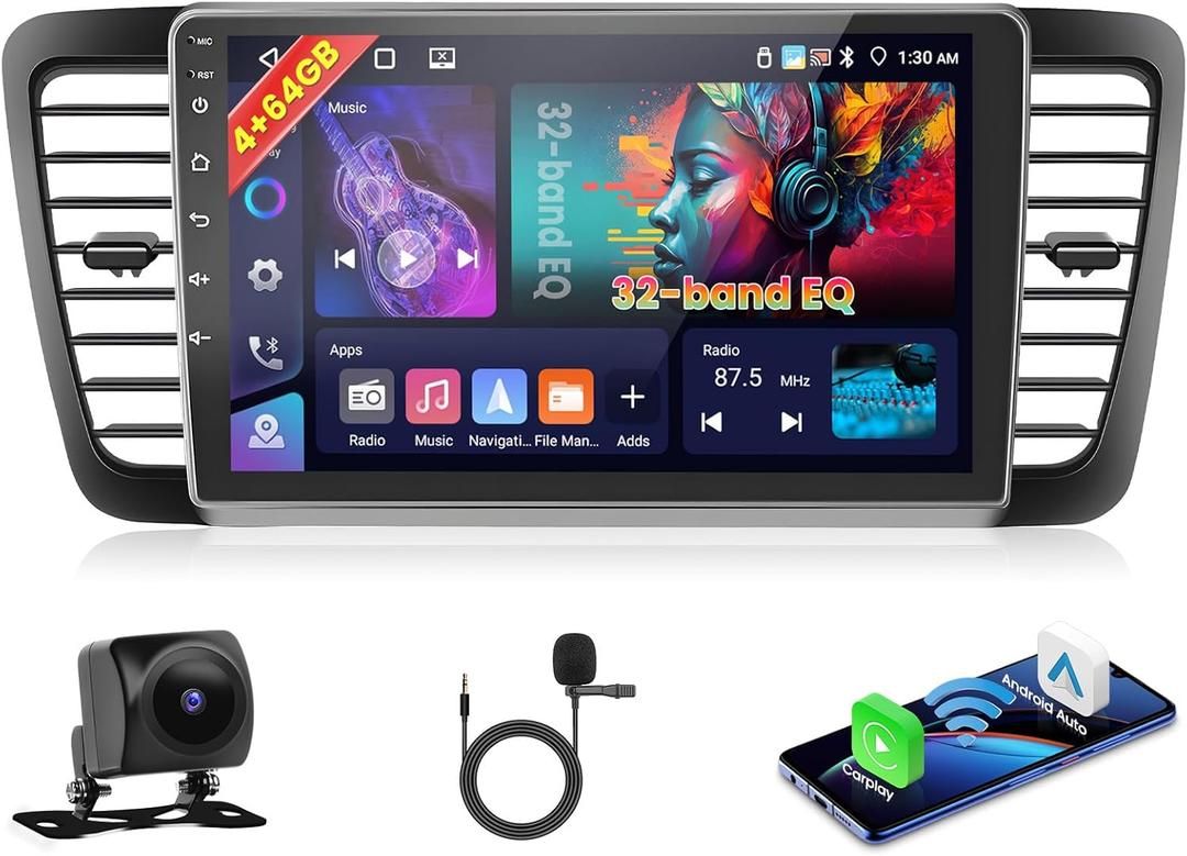[4G+64G] Android 15 Car Stereo for Subaru Legacy Outback 2003-2009 with Wireless Carplay Android Auto, 9 Inch HD Touchscreen with WiFi GPS Bluetooth5.0 FM/RDS Radio 32EQ SWC Backup Camera MIC