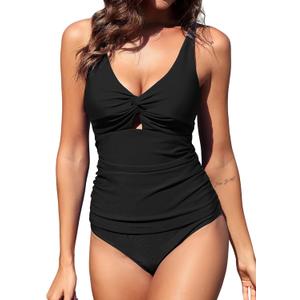 ZAFUL Women's Tankini Swimsuits Twist Front Tummy Control High Waisted Bikini Sets Two Piece Bathing Suits (Medium, 1-black)