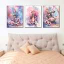 3Pcs Tween Teen Girls Bedroom Wall Art Youth Makeup Room Canvas Posters Pink Trendy Beauty Pictures Wall Decor Perfume Lipstick Cosmetics Prints Painting for Mature Girl Dorm Framed 16x24"