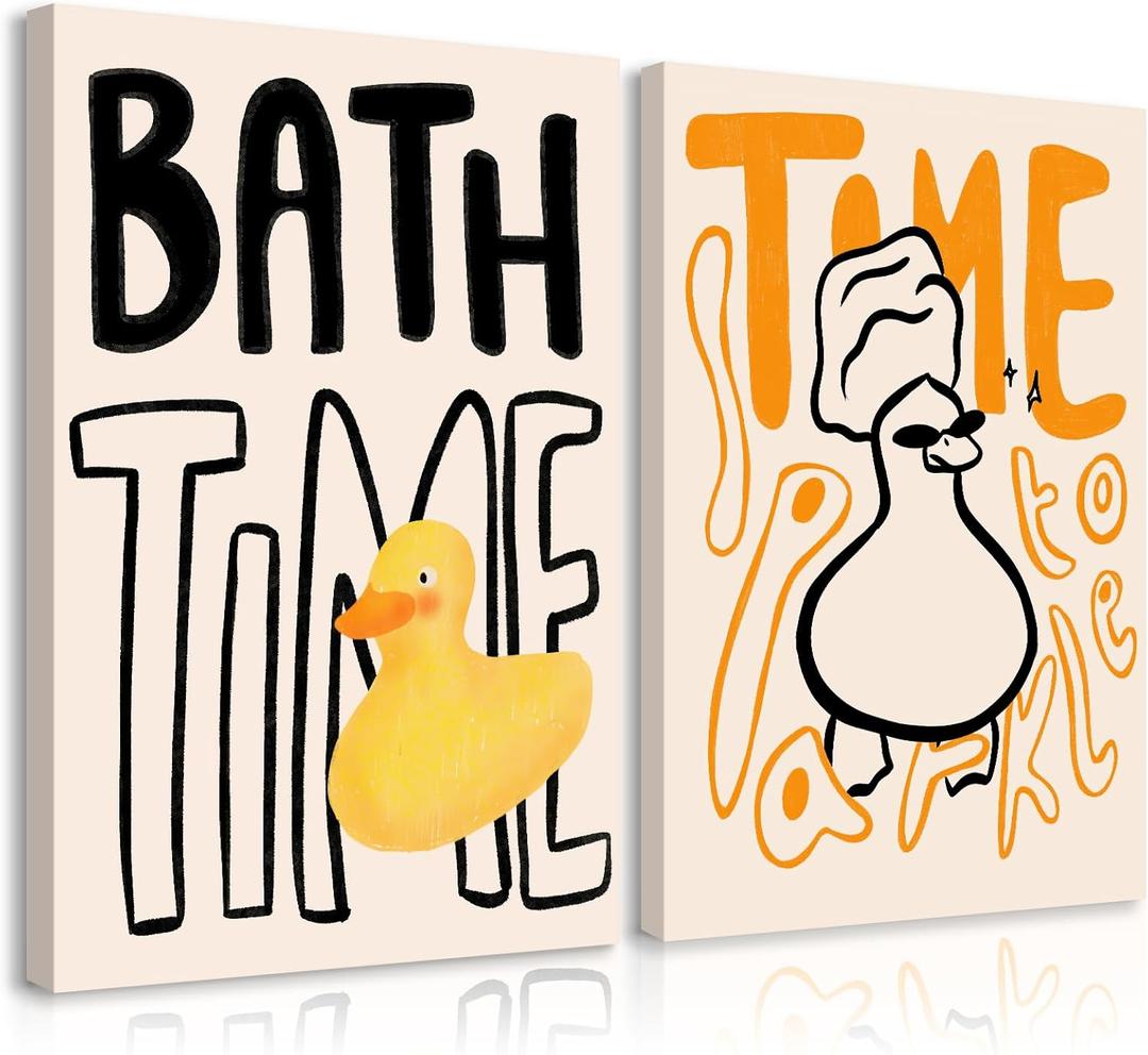 Bathroom Duck Wall Art Funny Bathroom Animal Canvas Wall Decor Bath Time Rubber Duck Art Poster Funny Cute Animal Prints Pictures Fun Painting Playful Artwork for Toilet 16x24 Inch Ready to Hang 2Pcs