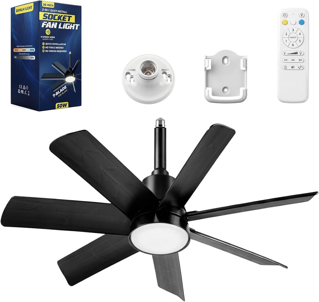 NWOP 28 Inch Socket Fan Light with Remote Control, Screw in E26/E27 Ceiling Fan with LED Light, 3000-6000K Adjustable Color Temp, 6 Speeds, Timer, for Bedroom Kitchen Living Room Garage, Black, Medium