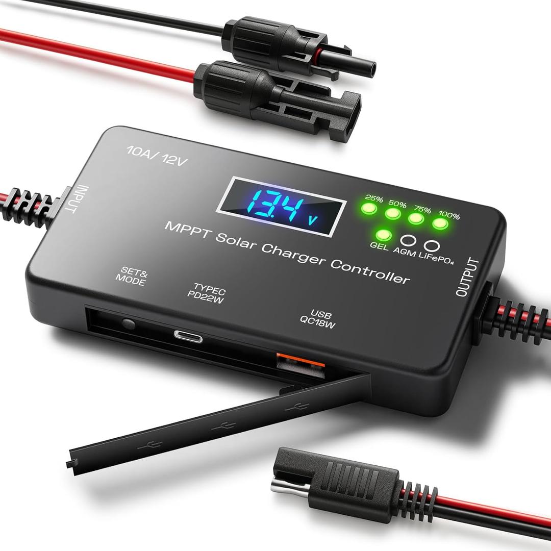 MPPT Solar Charge Controller 12V 10A, Solar Panel Regulator with LCD Display, Type-C & USB Charging Ports, Compatible with LiFePO, Lithium, Gel, AGM Battery for RV Boat Marine Off-Grid System