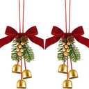 2 Pcs Christmas Wreath Bows with Jingle Bells and Pinecone Hanging Christmas Tree Topper Xmas Bow Pine Cones with Bell Pendant Decorative Bows Ornament for Party Decoration Kitchen Cabinet