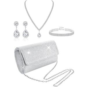 Subiceto 4Pcs Silver Clutch Purse Jewelry Set for Women Evening Rhinestone Purse Crystal Necklace Earrings Bracelets Set Silver Accessories for Women Bride Wedding Jewelry Lightweight