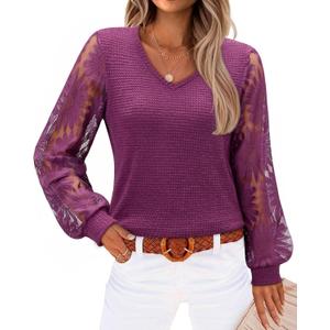 siliteelon Womens Blouses Long Sleeve Shirts V Neck Floral Lace Tops Elegant Business Casual Outfits (Medium, Purple)