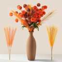 Faux Fall Flowers Artificial Mums 10 Stems +10 Branches Pampas Grass,Long Stems Silk Flowers Autumn Home Decor,Fake Floral Pompon For Table Vase Filler,Halloween Centerpieces,Wedding Arrangements (Dust Orange/Orange Red(Mix))