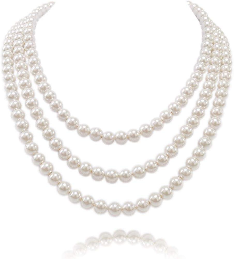 Kalse 3 Strands 4mm Simulated Pearl Choker Chunky Bib Necklace 17 18 19 inch