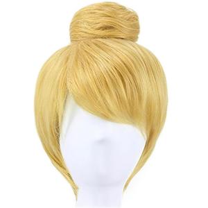 Short Blonde Wig with Bun Women Golden Updo Wigs Gold Cosplay Wig | Hair Cap+Short Gold Wigs with Bangs Yellow Blonde Straight Hair Blond Anime Costume for Cosplay Halloween Party Christmas
