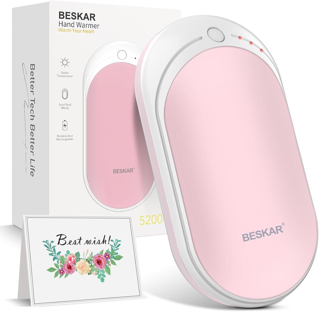 BESKAR Rechargeable Hand Warmer, 5200mAh Electric Hand Heater, Double-Sided Heating, USB Quick Charge, Portable Pocket Hand Warmer for Outdoor, Golf, Raynauds - Winter Gift (Pink)