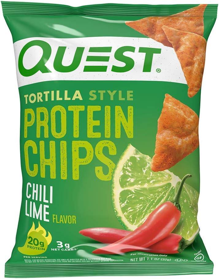 Quest Nutrition Chili Lime Tortilla Style Protein Chips, 20g Protein, 3g Net Carbs, Gluten Free, 1.1 oz (Pack of 12), Best By: 09/10/2026