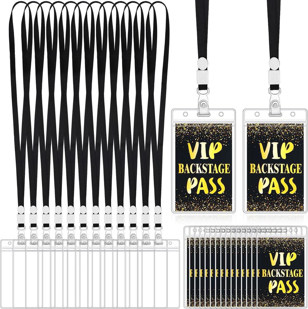 Gueevin 50 Sets VIP Badge Lanyards with Plastic VIP Pass Cards Black and Gold Pass Cards Safety Clear Plastic Badge Holder Black Lanyards for Backstage Party Concert Event