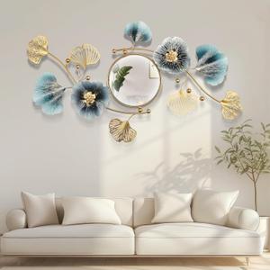 Large Wall Mirror,Modern Wall Mirrors Decorative,3DMetal Ginkgo Biloba Design - Perfect for Living Room, Bedroom, Bathroom, or Entryway Wall Decor32''x18'' (32"L x 18"W, Blue Gold Color)