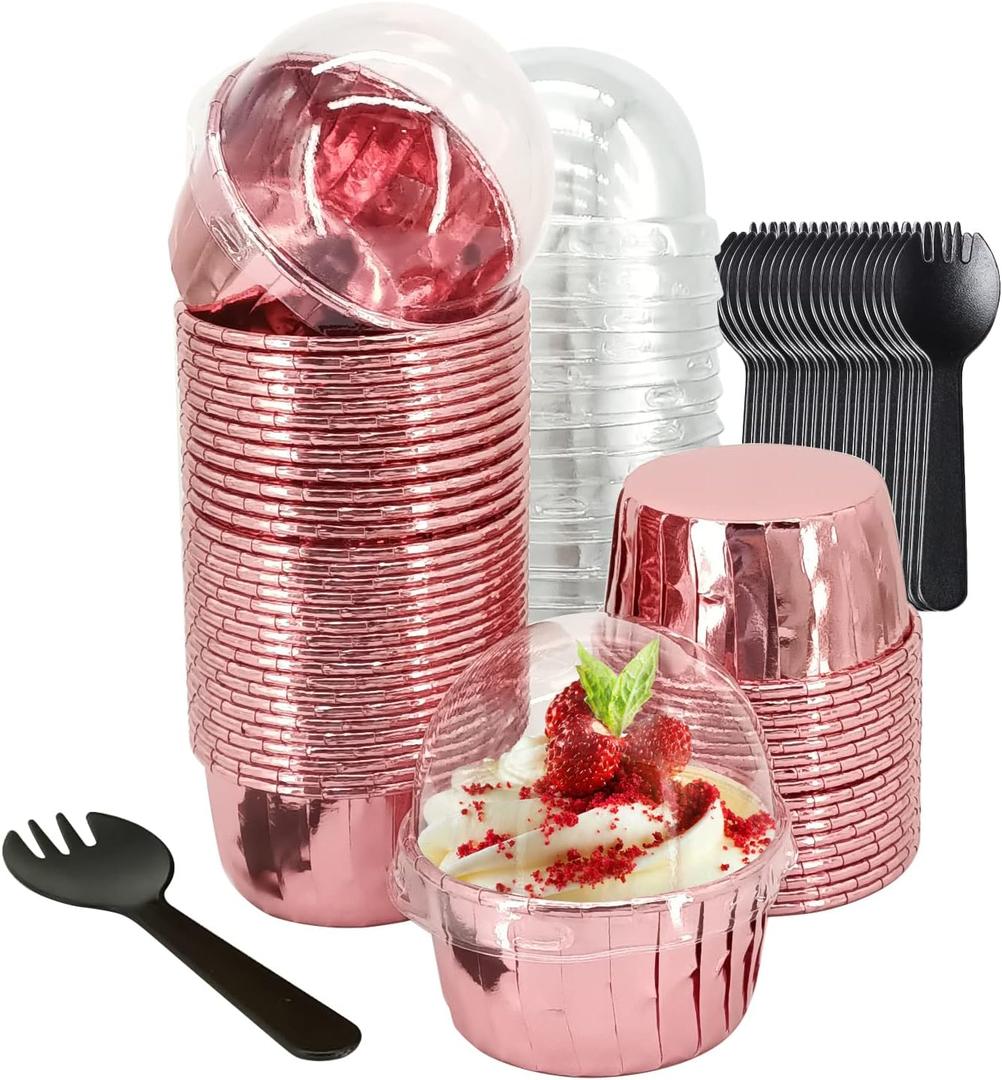 5oz Foil Muffin Cups Muffin Tins 50 Pack,LNYZQUS Jumbo Cupcake Liners with Lids,Disposable Ramekins Pans Cupcake Baking Cups Wrappers for Wedding Bakery-Rose Gold