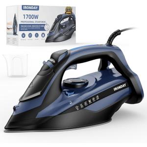 IRONDAY Steam Iron for Clothes 20s Fast Heating, 1700W Iron with 15.21oz Large Water Tank, 3Way Auto shutoff, Burst Steam, Spray Mist, AntiDrip, SelfCleaning, Vertical Ironing for Home, Blue