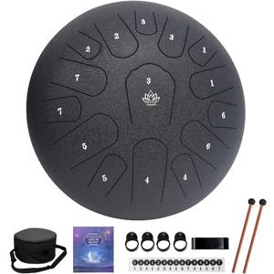 Rain Drum for Outside Garden,Steel Tongue Drum 12 Inches 15 Notes Musical Instruments, Handpan Drum Percussion Instrument, with Soft Bag, Music Book, 2 Mallets, for Meditation or Yoga (Black)
