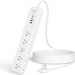 Power Strip Surge Protector,15 Outlets 4 USB 2 USB-C,10Ft Flat Plug,White | 15 AC Outlets,4 USB Ports 2 USB-C 2 USB-A,1080J Surge,Wall Mountable,10Ft Cord,16AWG,Overload Protection,3-Side Design