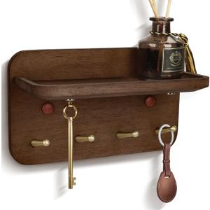 Key Holder Wall Mount, Solid Wood Key Holder for Wall with 4 Brass Hooks & Hidden Magnets, 15 Incline Hooks & Grooved Design to Prevent Slipping, Vintage Brown Key Hanger