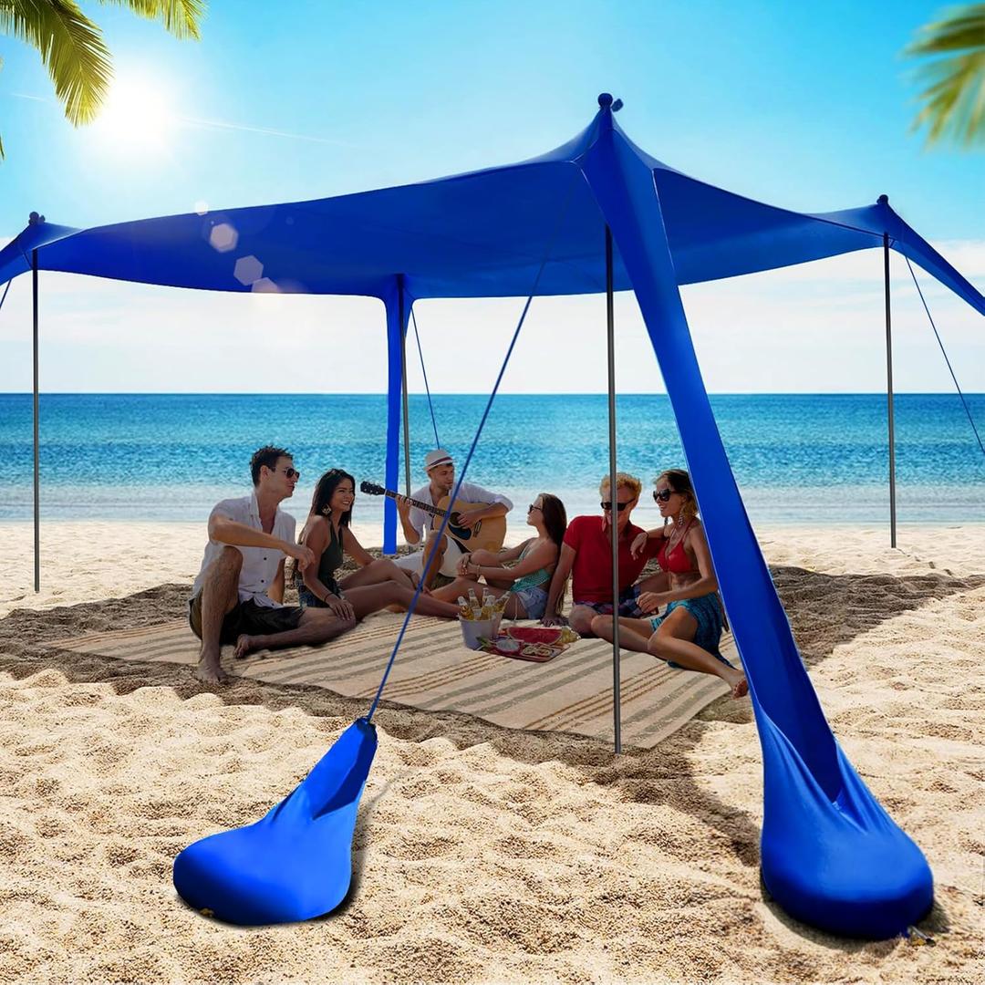 Beach Tent Sun Shelter 10x10FT Beach Shade Canopy with 8 Sandbags, UPF 50+ Protection Beach Shade Canopy, Outdoor Tent for Camping Trips, Backyard, Fishing