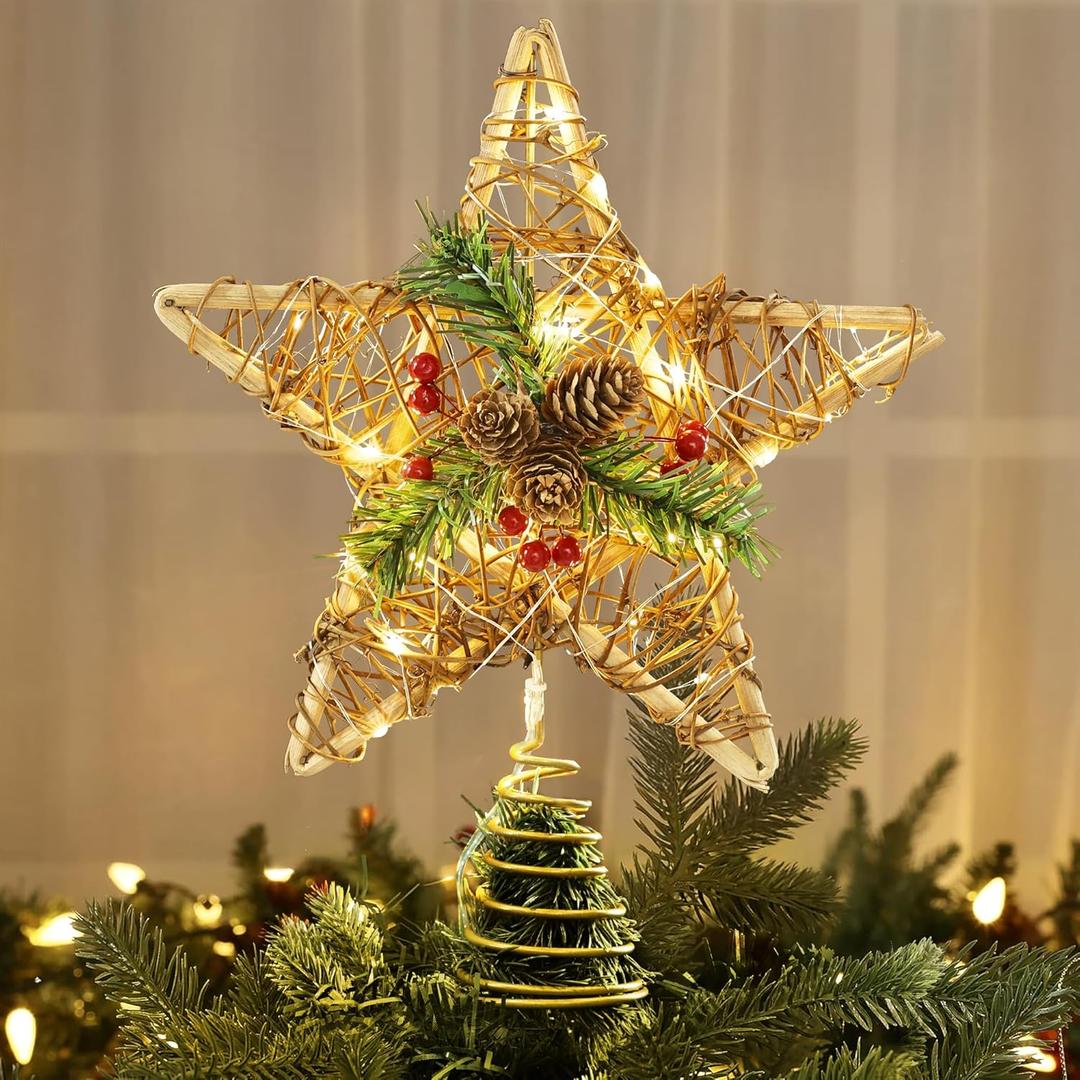Brizled Christmas Tree Star, 10'' Rattan Christmas Tree Topper with 30 LED Lights, Battery Powered Xmas Treetop with Red Berries & Pine Cones, Xmas Tree Top Ornament for Christmas Tree Home Decor