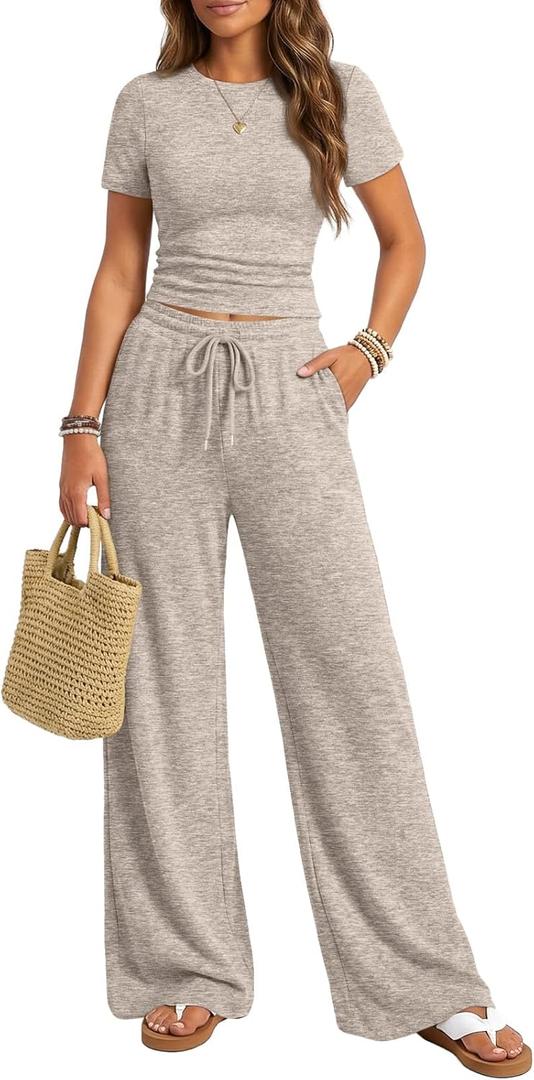 Trendy Queen Womens 2 Piece Lounge Matching Sets Wide Leg Pants Crew Neck Short Sleeve Shirt Sweatsuits (Medium, Khaki)