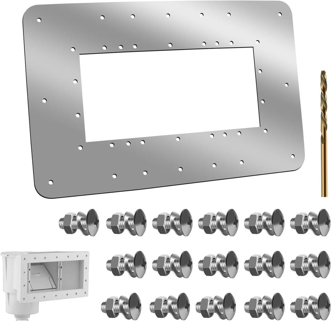 Wide Mouth Pool Skimmer Repair Kit, 18 .75"W 12.25"H Stainless Steel Plate Fits Hayward 1091WM & Hydrotools 8939 Skimmers Pool Wall Repair Panel, with Drill Bits & 16 Sets Screws, Washers, Nuts