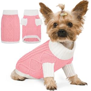 Lorehelina Dog Sweater for Small Dogs Argyle Cable Knit Turtleneck Pullover Winter Clothes for Boys Girls Stretch Chihuahua Yorkie Puppy Christmas Doggie Pet (S, Pink)