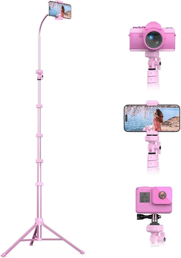 UBeesize 88 Flexible Phone Tripod with 14.95 Gooseneck, Remote and Phone Holder, Overhead Cell Phone StandSelfie Stick for Video Recording, Compatible with iPhone Android Phone, Camera Pink