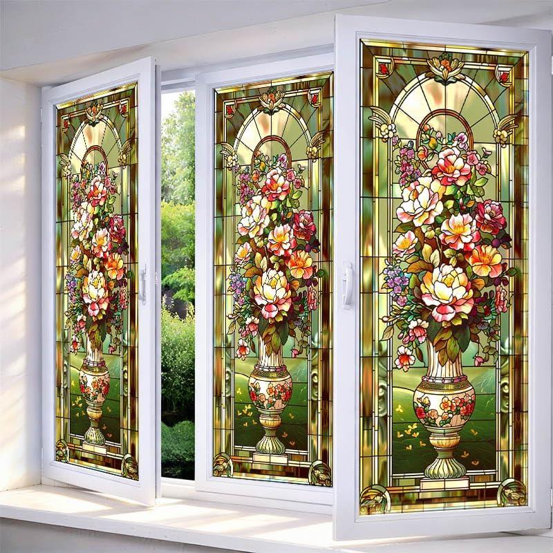 IVN Privacy Window Film Stained Glass Window Cling Floral Vase Design Static Cling Glass Film for Bathroom Kitchen Door Panel 17.7 x 39.3 Inch (Flower Basket)