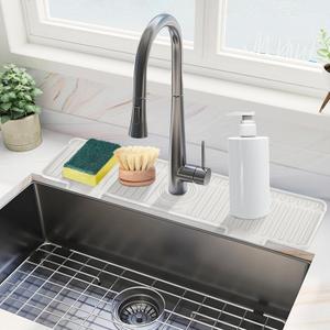 Kitchen Sink Splash Guard, 20IN Longer Silicone Faucet Guard & Draining Mat, Bathroom and Kitchen Sink Organizer, Sink Faucet Mat Water Splash Guard Behind Faucet Accessories Gadget, 20 x 5.5, White