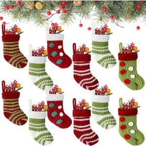 Jiuguva 12 Pack 12 Pack 2x5 Inch Mini Christmas Stockings Bulk Knit Red and Green Small Stocking for Xmas Tree Fireplace Gift Present Filled Christmas Tree Ornament Hanging Decorations (Cute)