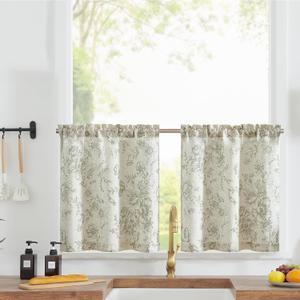 jinchan Floral Linen Tier Curtains Floral Sage on Beige Cafe Curtains 24 Inch Length Kitchen Living Room Bedroom Bathroom Farmhouse Rustic Country Rod Pocket, 2 Panels