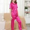 MyFav Pajama Set for Girls Button Down Silky Kids Sleepwear Nightwear Loungewear Clothes Set (Pink)