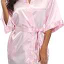 Women's Short Robe Silky Satin Pure Color Bathrobe Bridesmaid Bride Party Kimono V-Neck Sleepwear with Pockets (Pink, S)