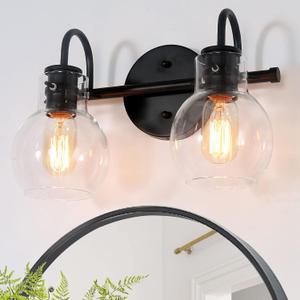 Classy Leaves Black Bathroom Light Fixtures, 2 Lights Modern Farmhouse Vanity Lights with Clear Glass Shade (13 L x 7 W x 9 H)
