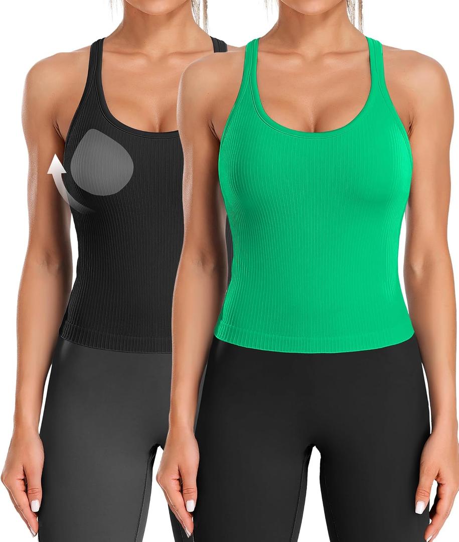 ATTRACO Women Ribbed Workout Crop Tops with Built in Bra Yoga Racerback Tank Top Tight Fit (Black, M)