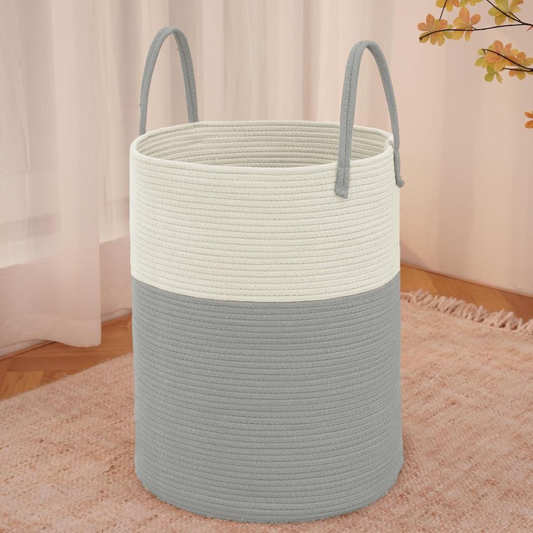 JMvicyroam Large Woven Laundry Basket Hamper,60L Cotton Rope Storage Bin for Blankets,Toys and Clothes,Decorative Tall Nursery Hamper for Living Room,Baby Nursery,Bathroom and Bedroom,White and Grey